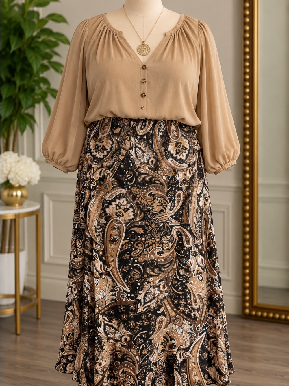 Neutral Paisley Maxi Skirt - Elegant Brown Pattern